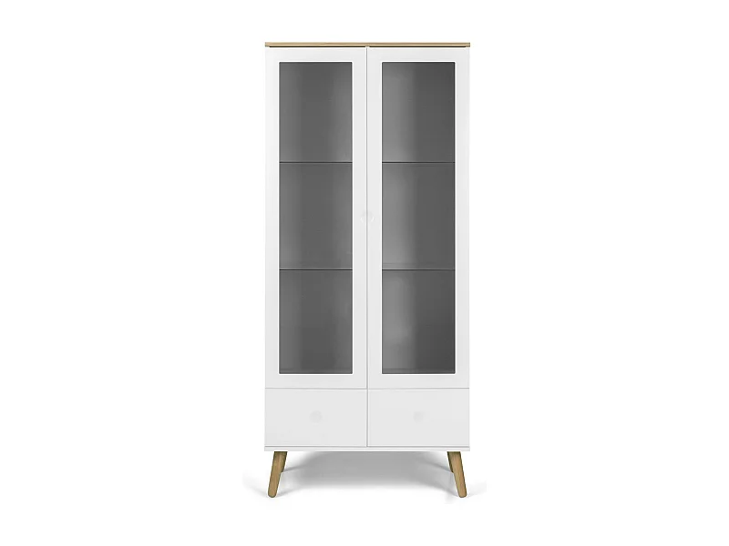 2-deurs wit gelakte vitrinekast en lichte massief eiken poten Pecas 79 cm