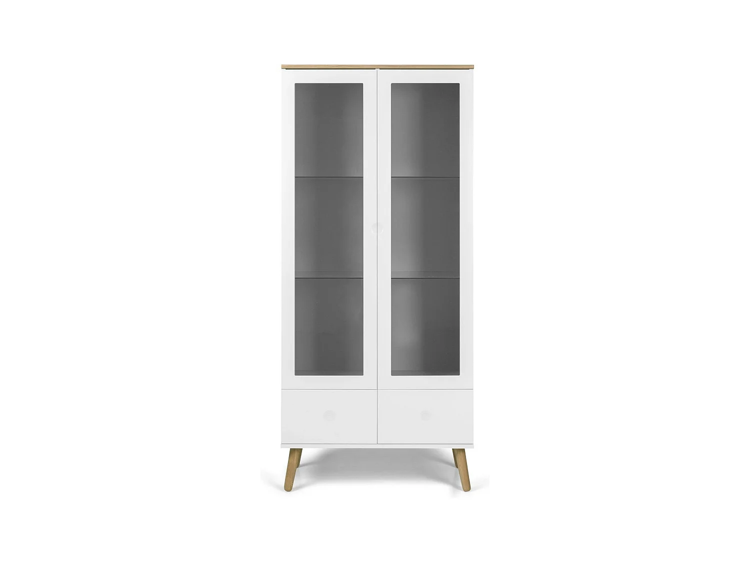 Vitrine 2 portes laqué blanc et pieds chêne massif clair Pecas 79cm