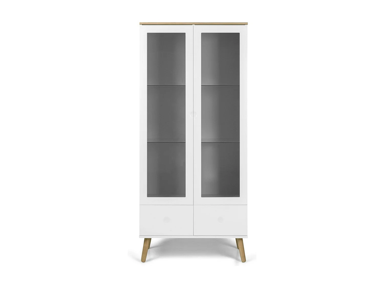 Vitrine 2 portes laqué blanc et pieds chêne massif clair Pecas 79cm