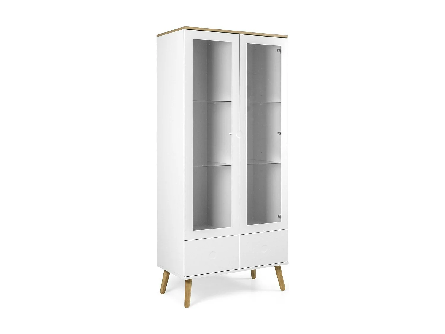 Vitrine 2 portes laqué blanc et pieds chêne massif clair Pecas 79cm