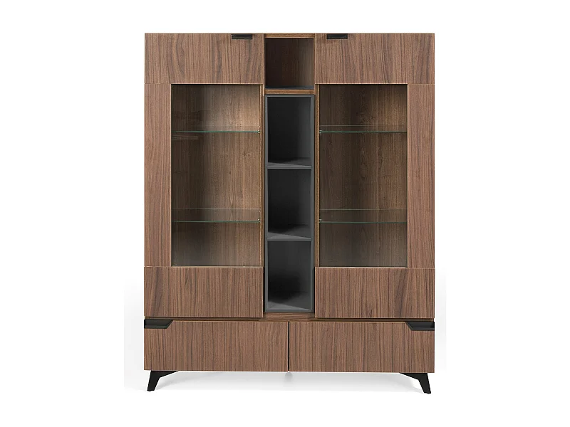 Vitrine 2 portes 4 niches 2 tiroirs bois marron et anthracite avec pieds acier noir Kalieto 120cm