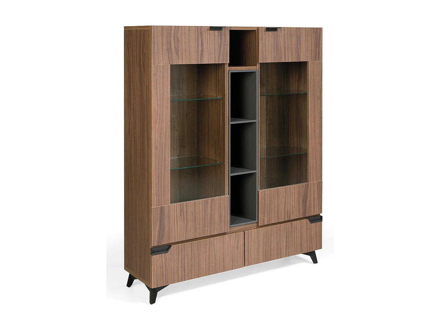Vitrine 2 portes 4 niches 2 tiroirs bois marron et anthracite avec pieds acier noir Kalieto 120cm