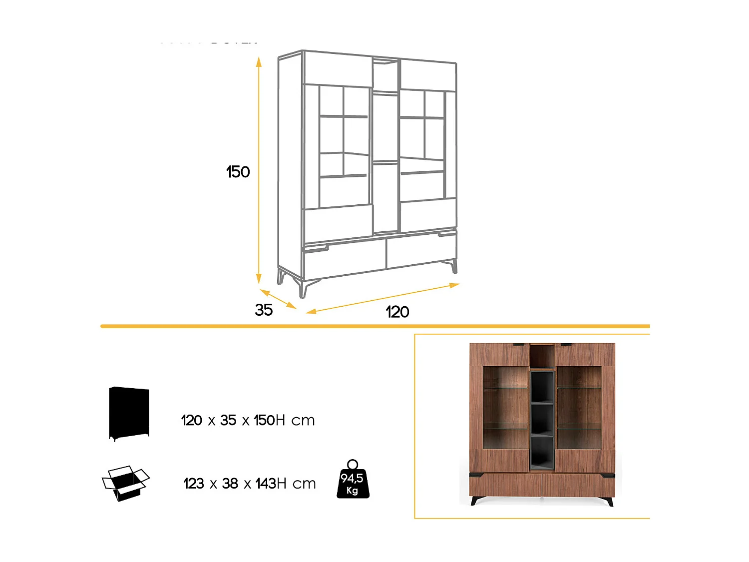 Vitrine 2 portes 4 niches 2 tiroirs bois marron et anthracite avec pieds acier noir Kalieto 120cm