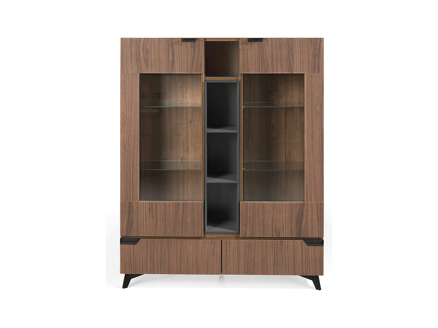 Vitrine 2 portes 4 niches 2 tiroirs bois marron et anthracite avec pieds acier noir Kalieto 120cm