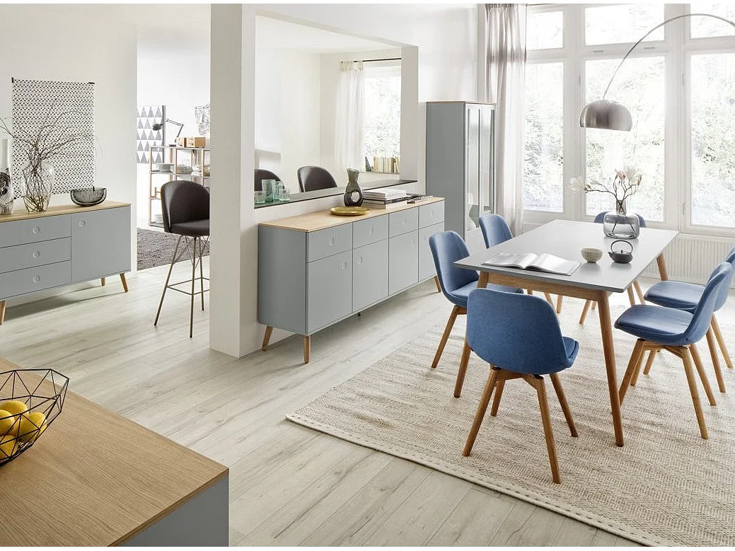 Vitrine 2 portes laqué gris et pieds chêne massif clair Pecas 79cm