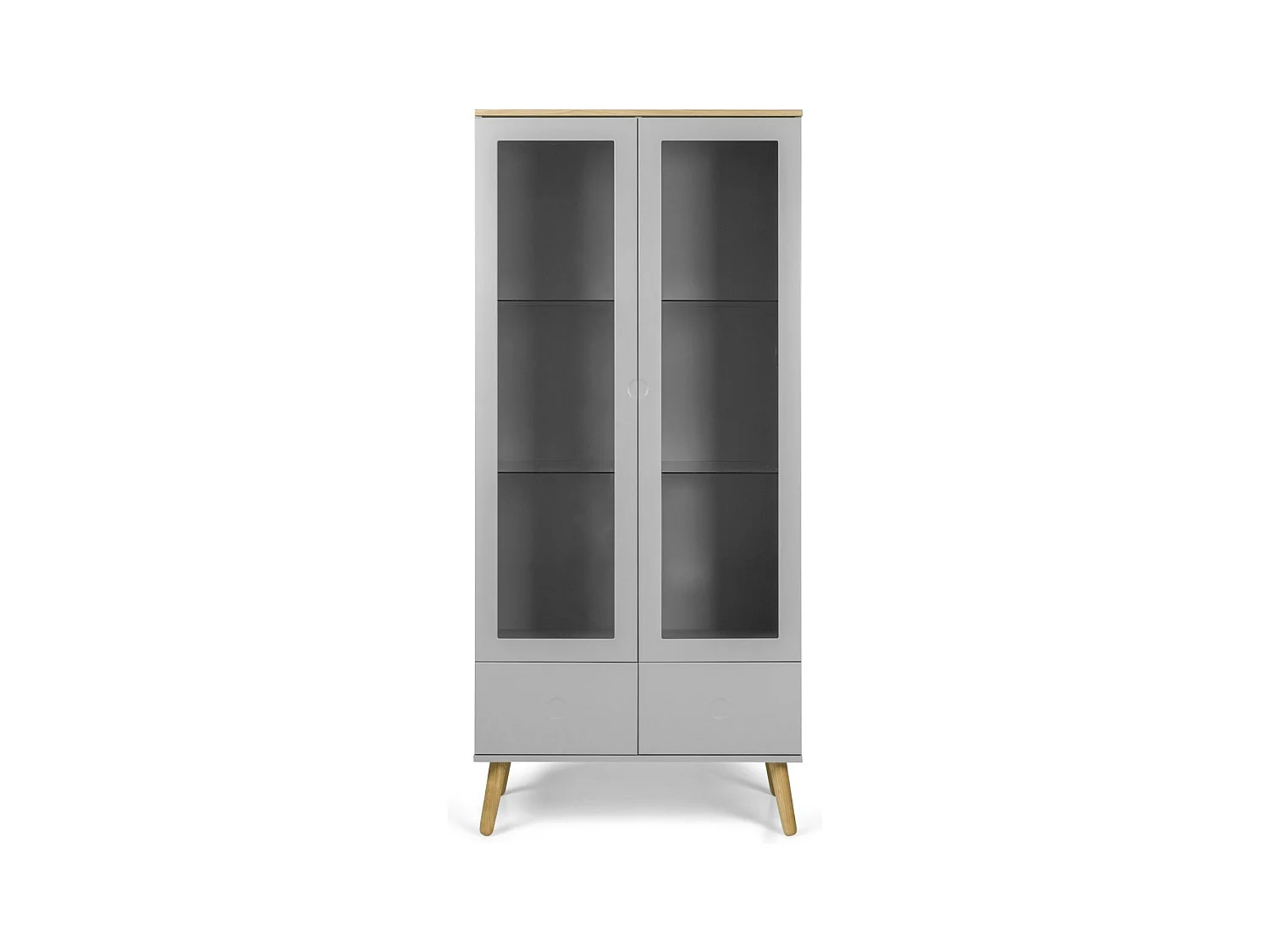 Vitrine 2 portes laqué gris et pieds chêne massif clair Pecas 79cm