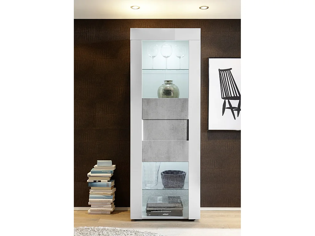 LED-vitrine 1 deur in glanzend wit gelakt hout en beton Lubi
