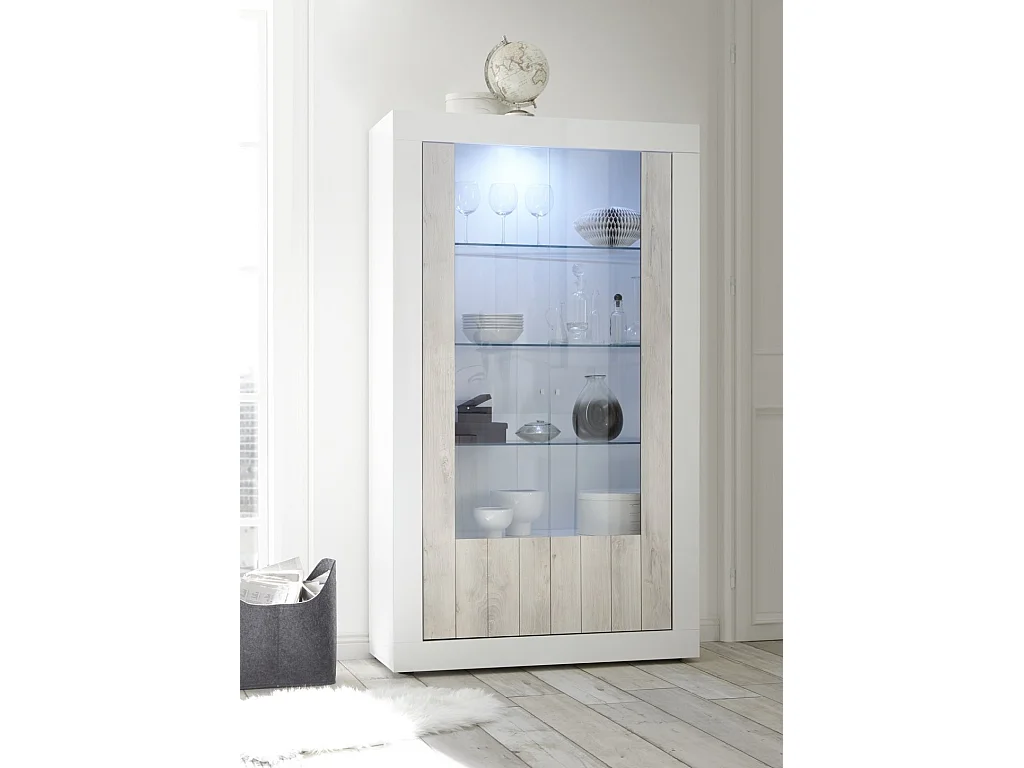 Vitrine à LED 2 portes laqué blanc brillant et pin gris Pilari L 110cm