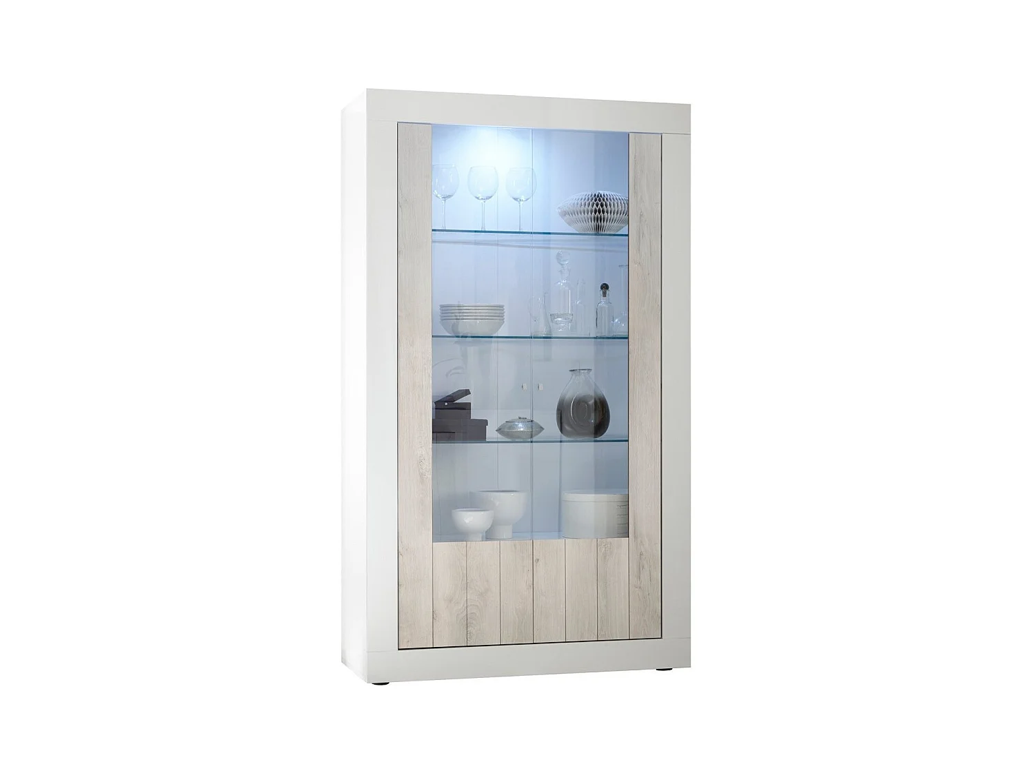 Vitrine à LED 2 portes laqué blanc brillant et pin gris Pilari L 110cm