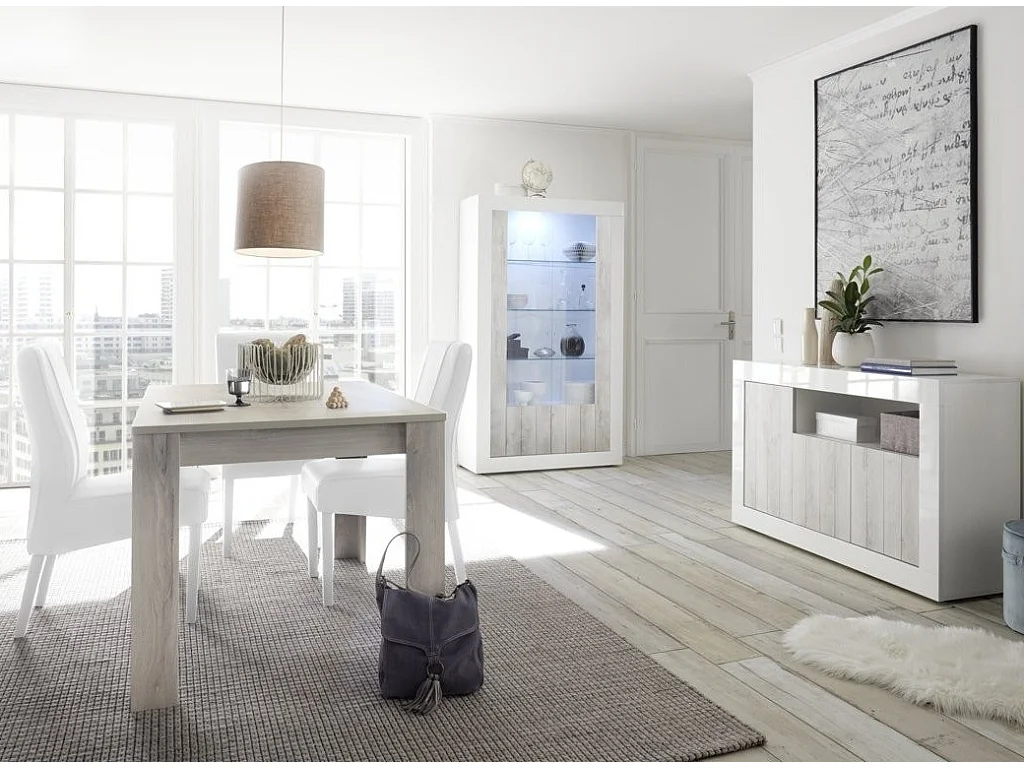 Vitrine à LED 2 portes laqué blanc brillant et pin gris Pilari L 110cm