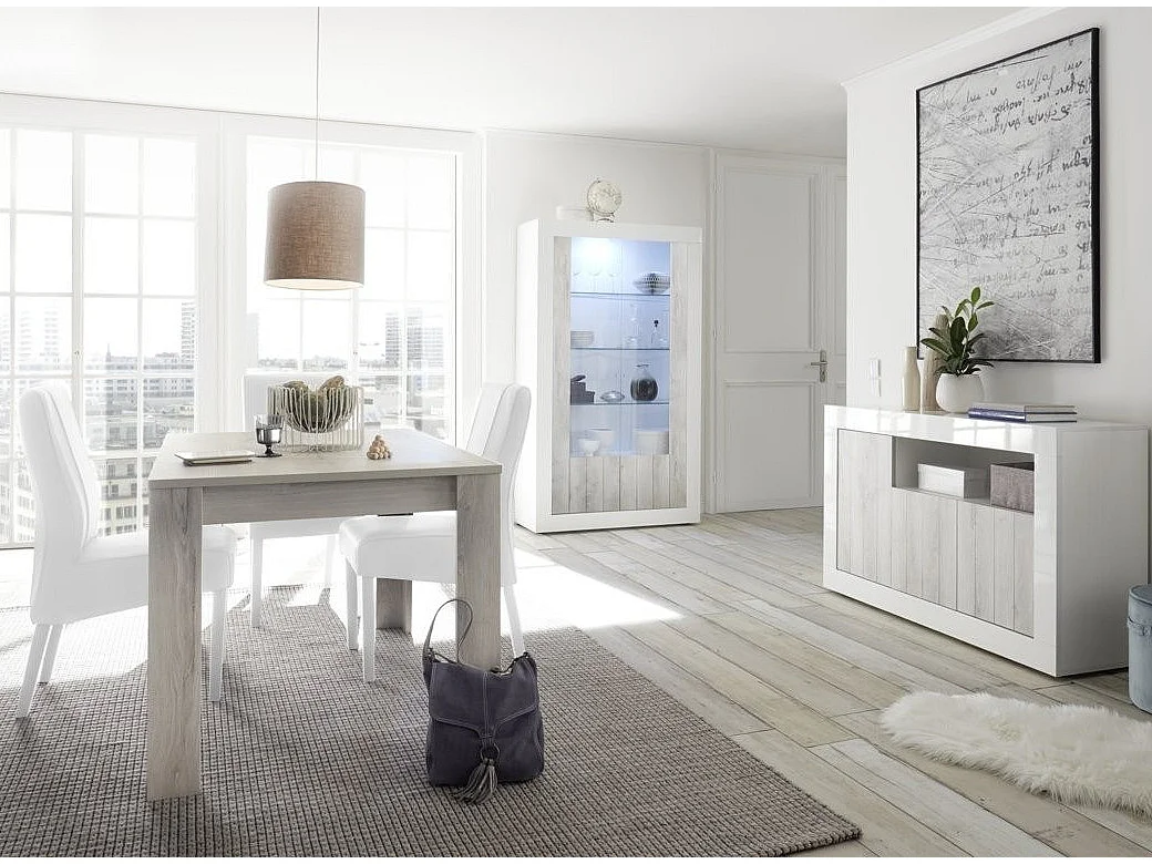 Vitrine à LED 2 portes laqué blanc brillant et pin gris Pilari L 110cm