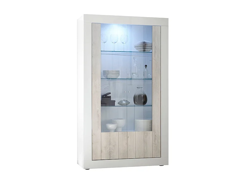 Vitrine à LED 2 portes laqué blanc brillant et pin gris Pilari L 110cm