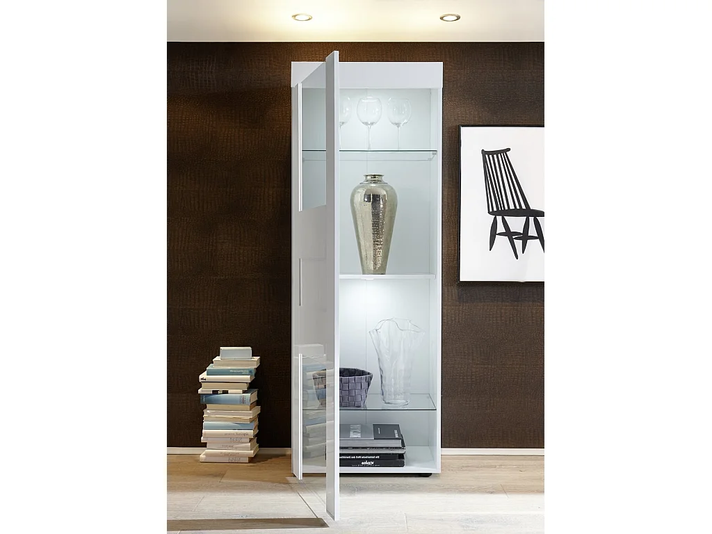 Vitrine à LED 1 porte bois laqué blanc brillant Lubi