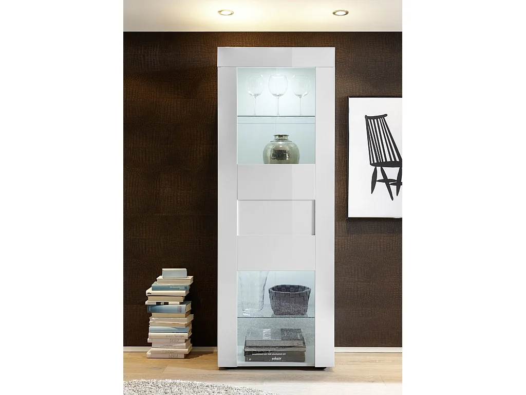 Vitrine à LED 1 porte bois laqué blanc brillant Lubi