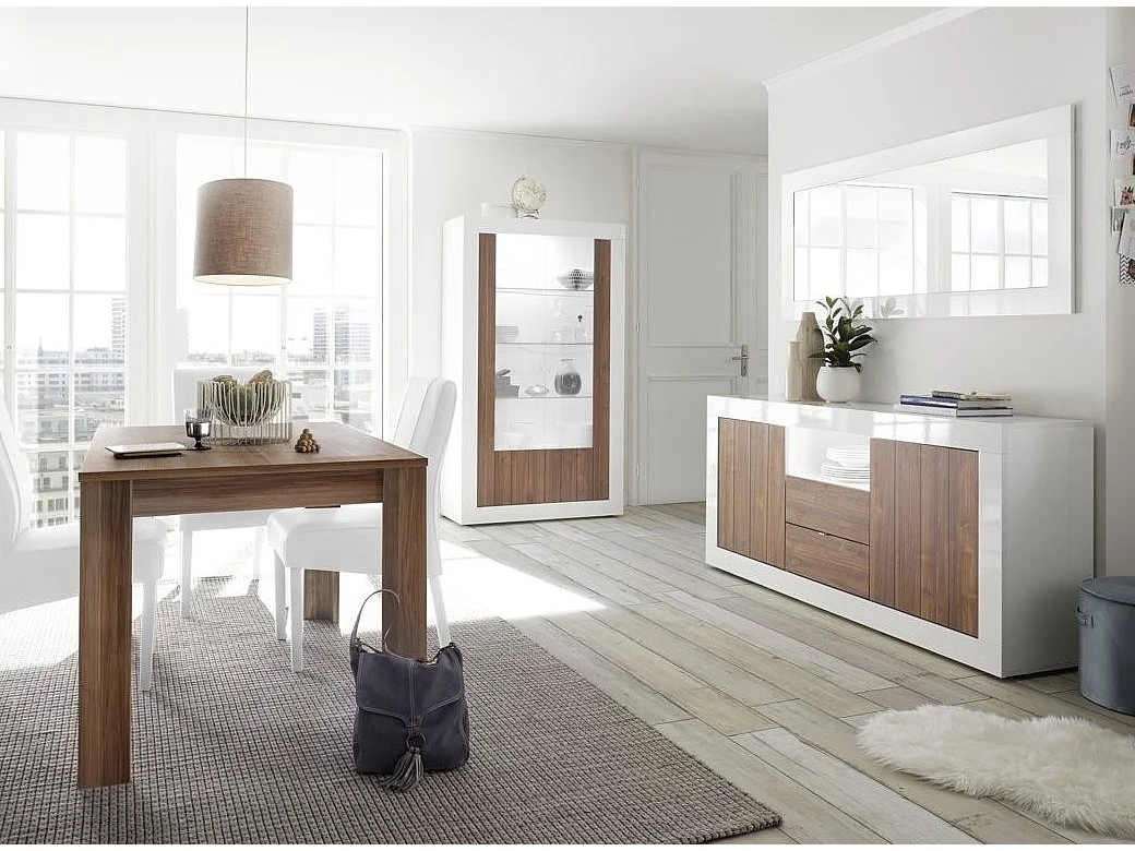 Pilari 2-deurs glanzend wit gelakt en walnoot LED-vitrinekast L 110 cm