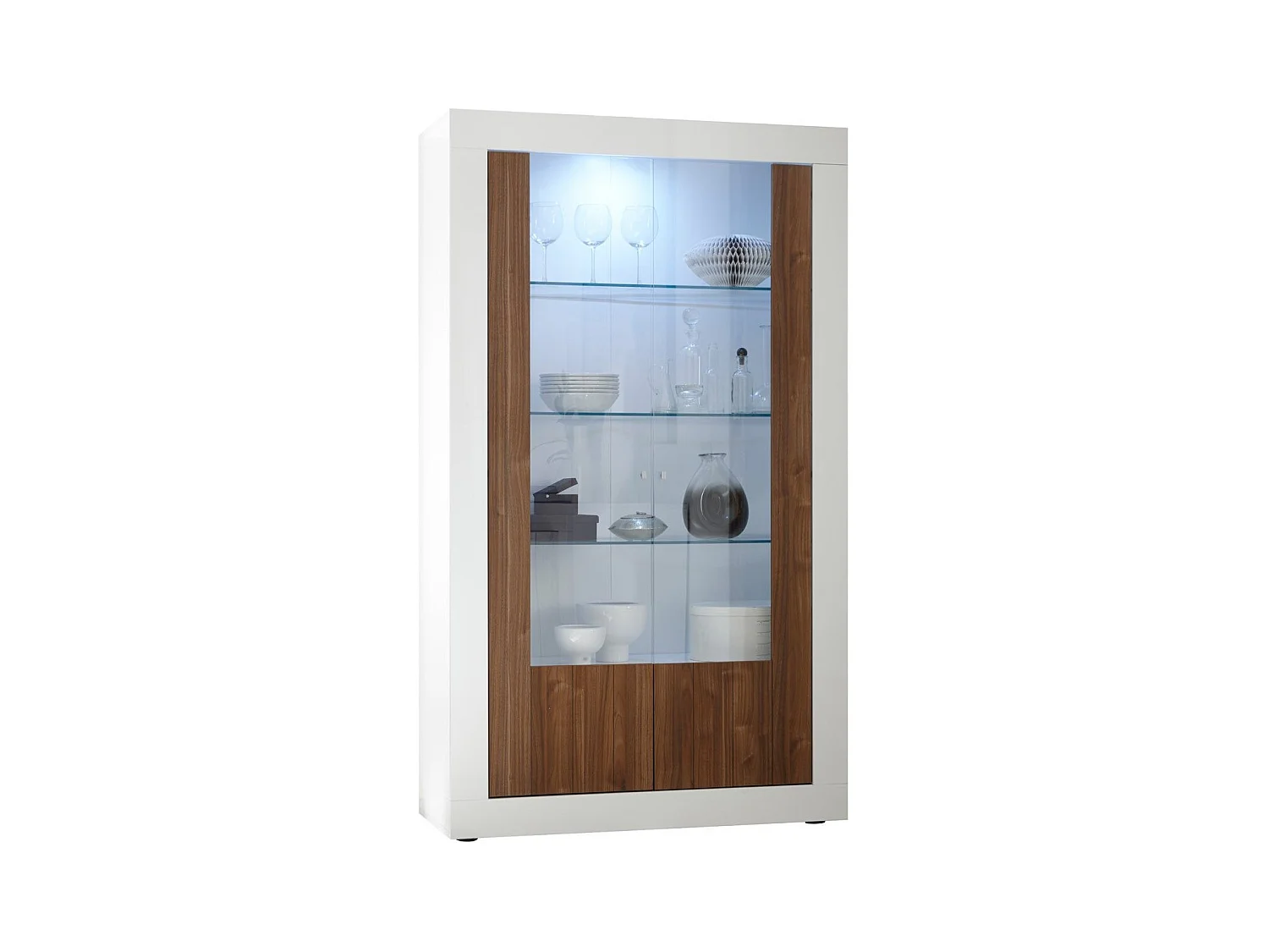 Vitrine à LED 2 portes laqué blanc brillant et noyer Pilari L 110cm