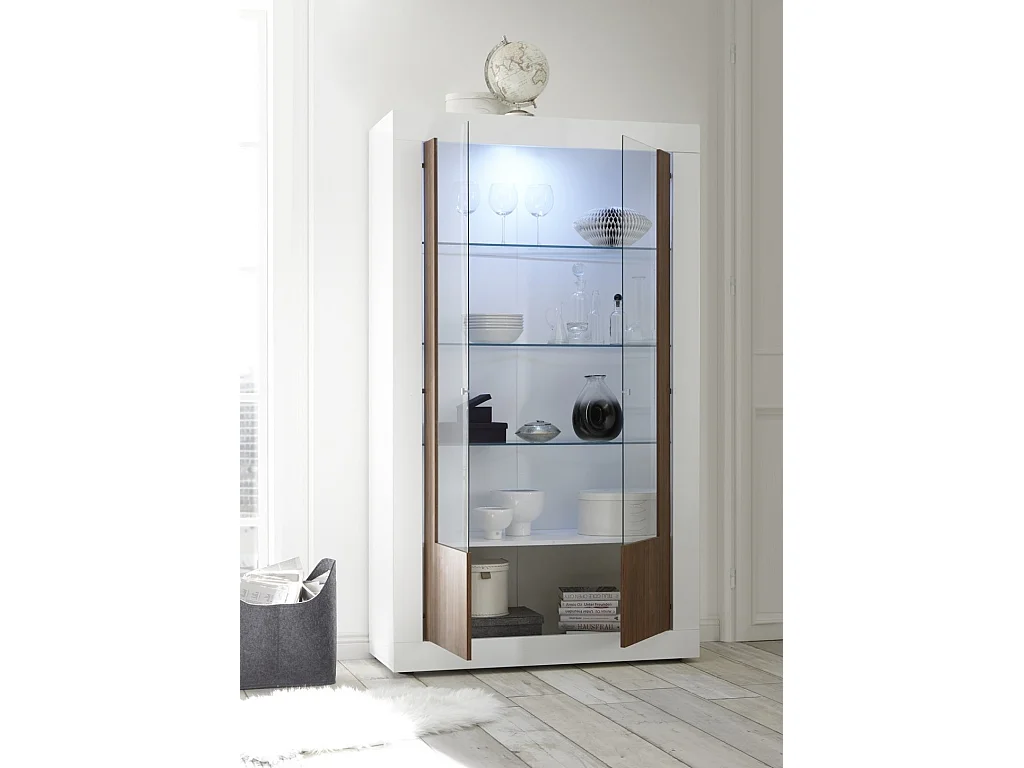Vitrine à LED 2 portes laqué blanc brillant et noyer Pilari L 110cm