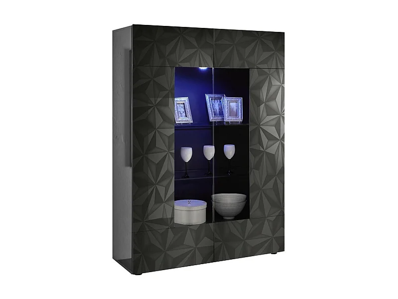 Vitrine à LED 2 portes bois laqué anthracite brillant Pagar L 120cm