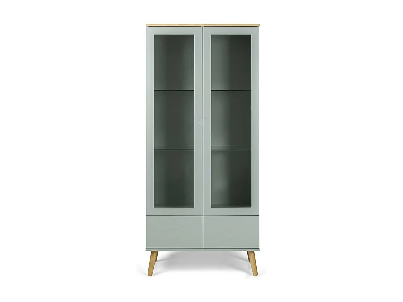 Vitrine 2 portes laqué vert et pieds chêne massif clair Pecas 79cm