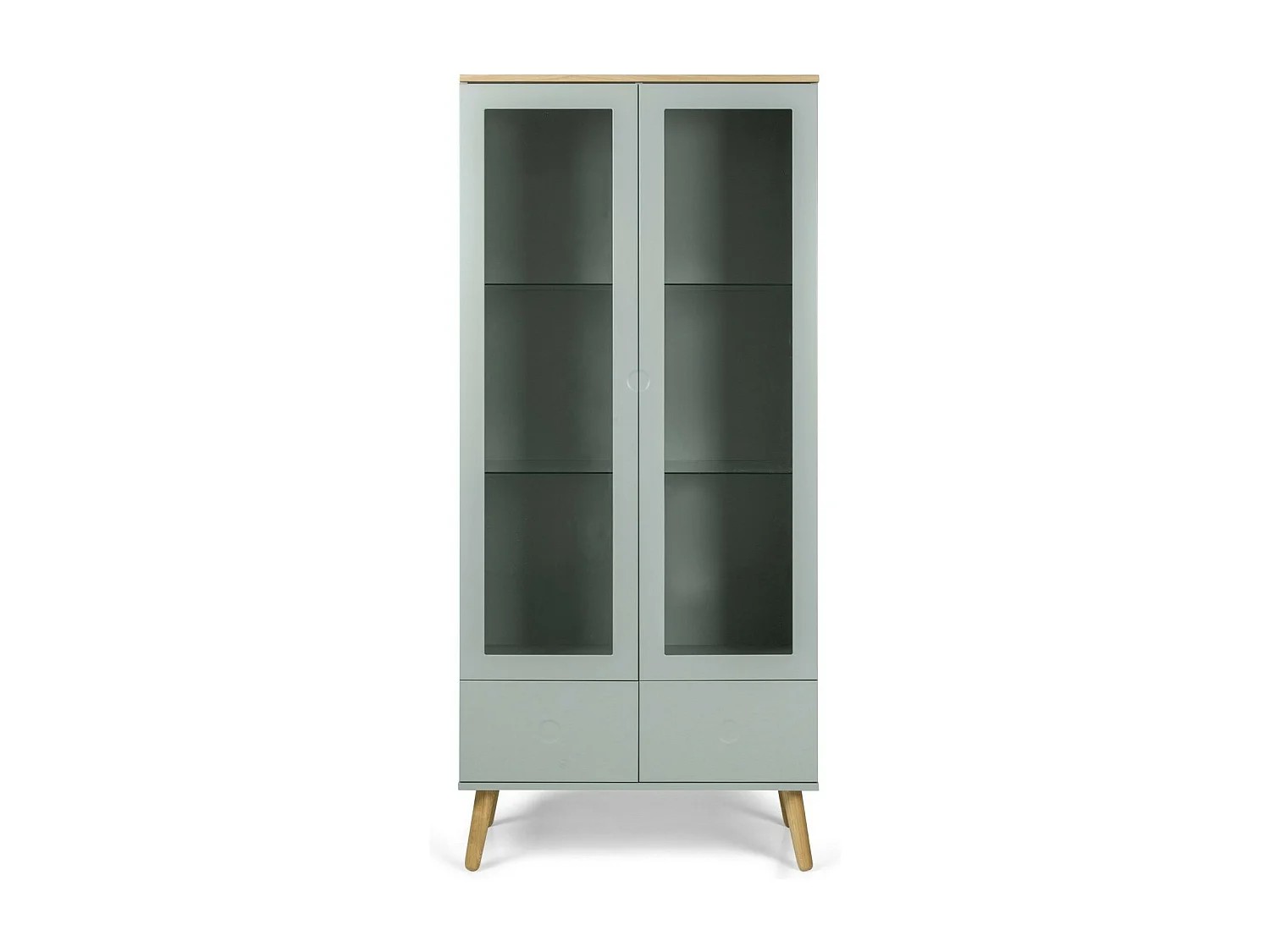 Vitrine 2 portes laqué vert et pieds chêne massif clair Pecas 79cm