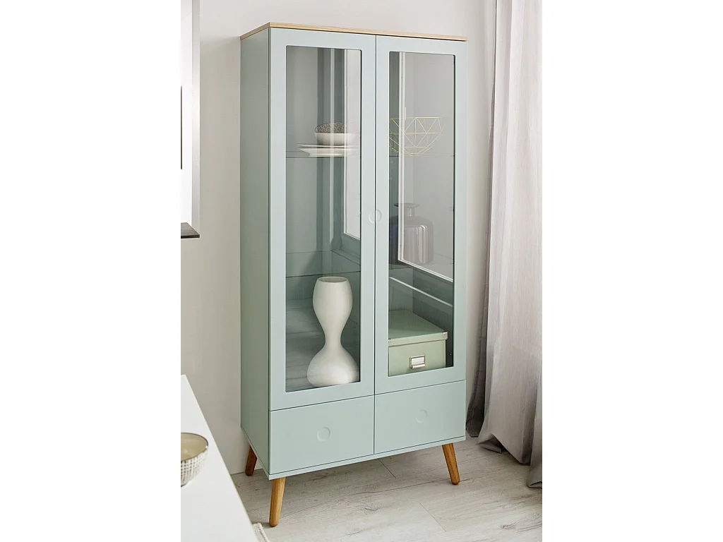 Vitrine 2 portes laqué vert et pieds chêne massif clair Pecas 79cm