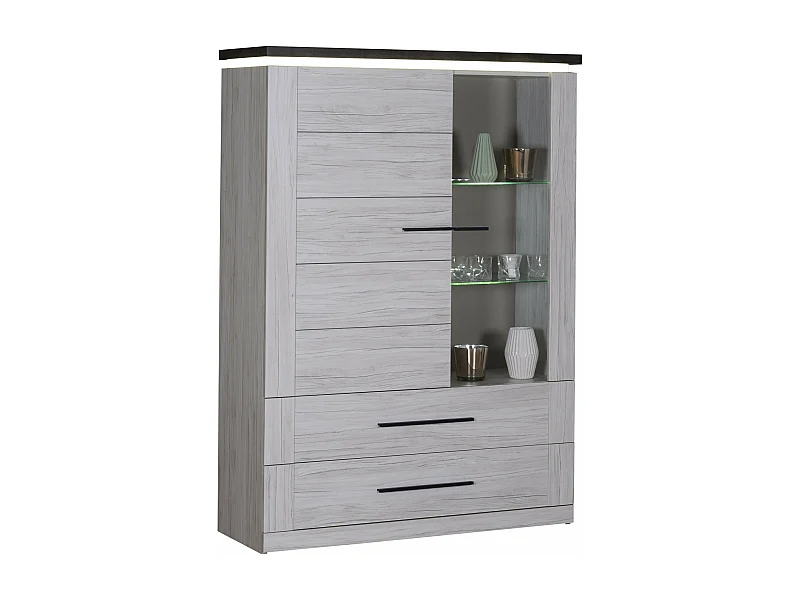 Vitrine lumineuse 2 portes 2 tiroirs chêne et béton foncé Korm