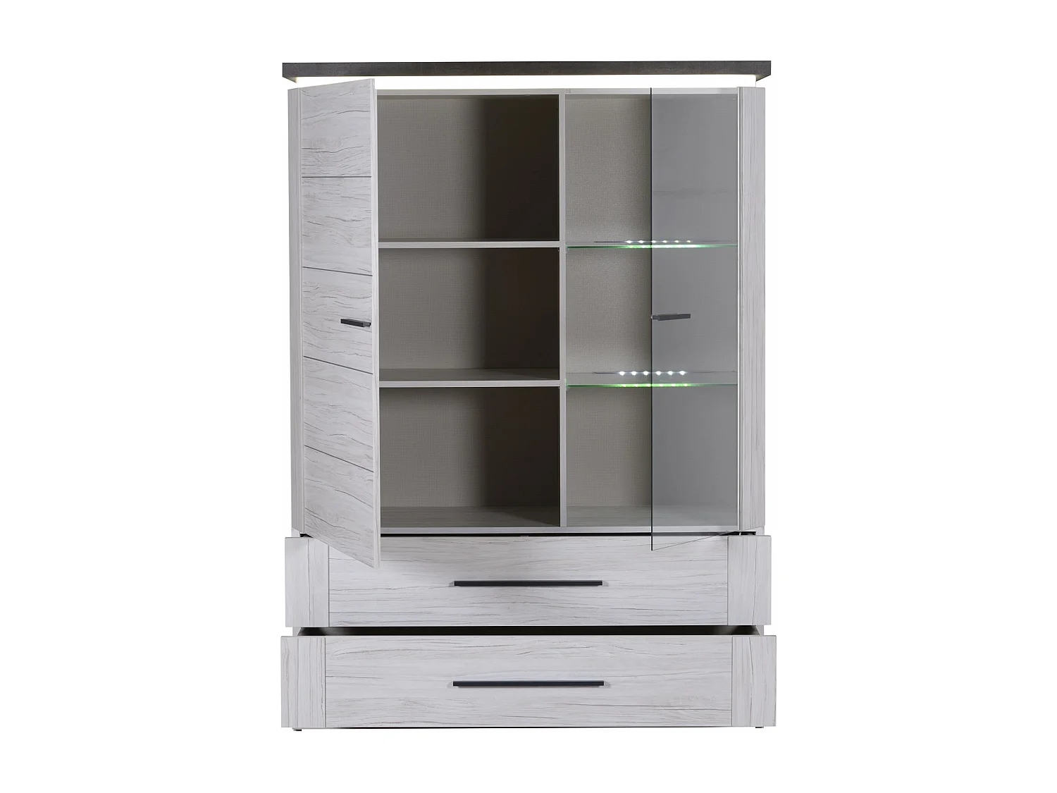 Vitrine lumineuse 2 portes 2 tiroirs chêne et béton foncé Korm