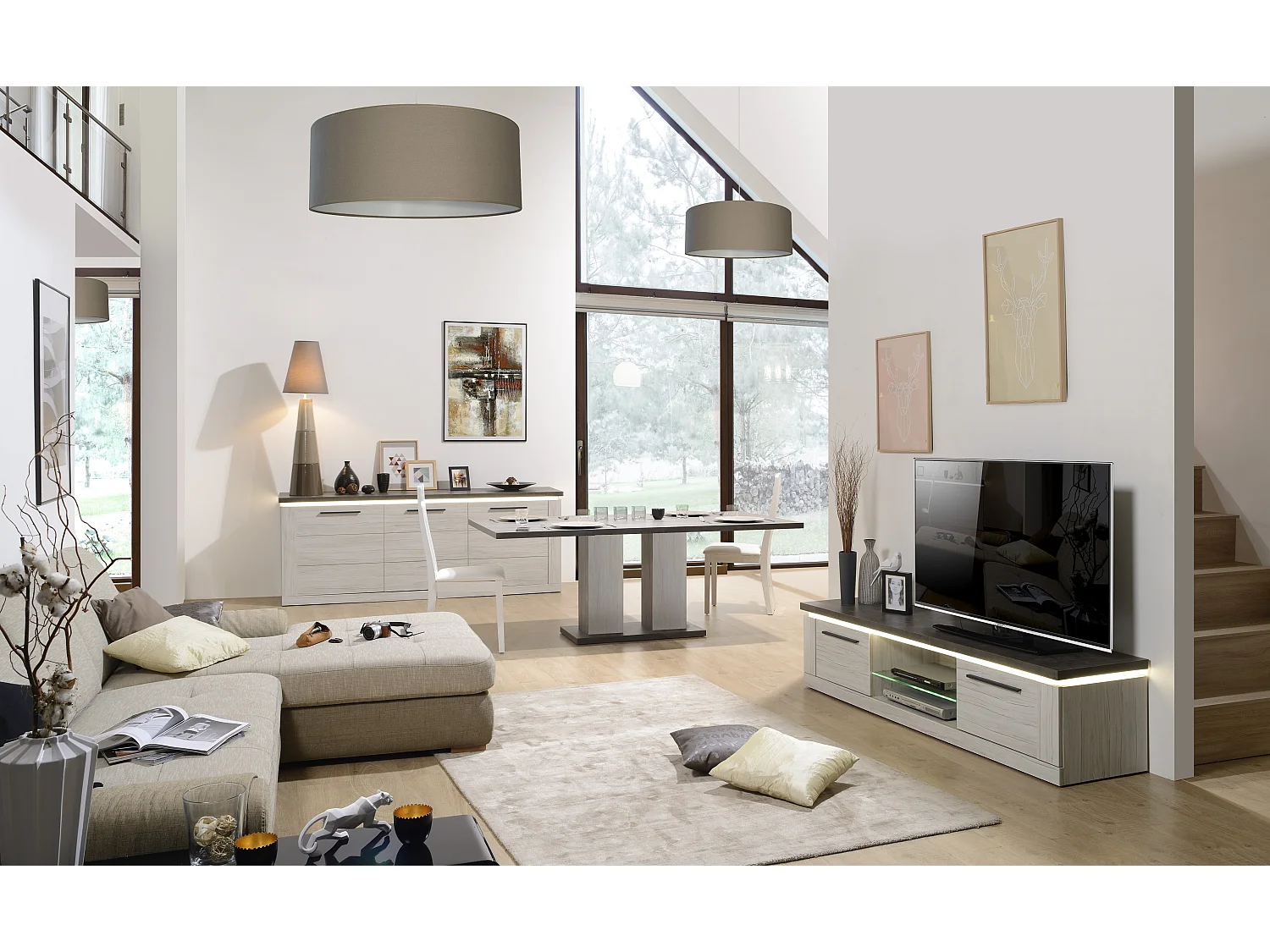 Vitrine lumineuse 2 portes 2 tiroirs chêne et béton foncé Korm