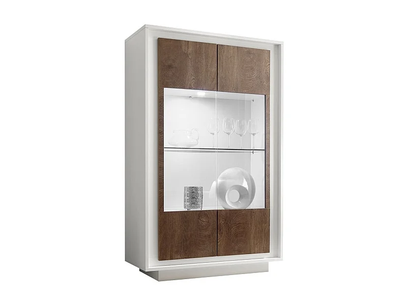 Vitrine à LED 2 portes bois laqué blanc et noyer Mafer L 106cm