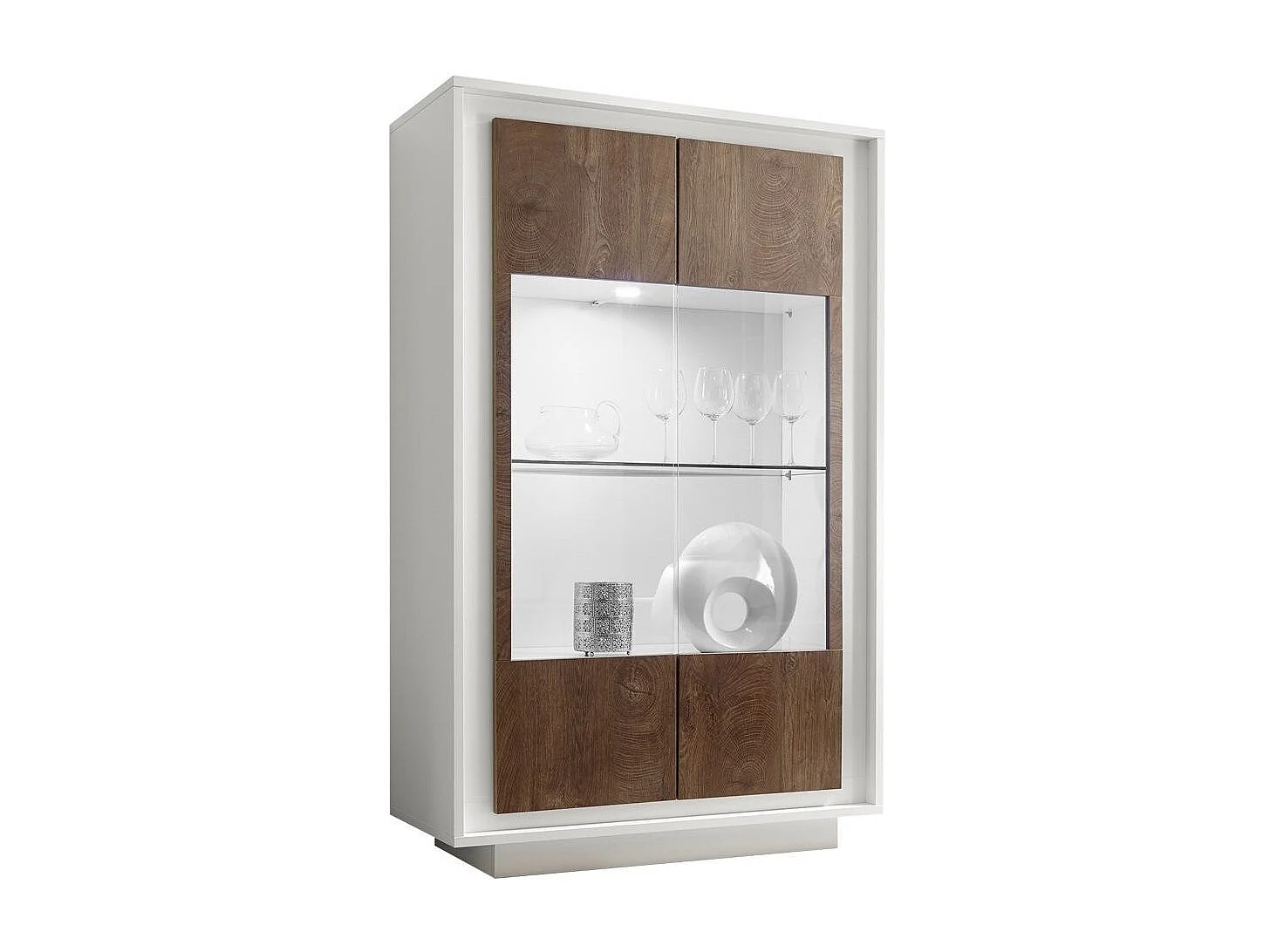 Vitrine à LED 2 portes bois laqué blanc et noyer Mafer L 106cm
