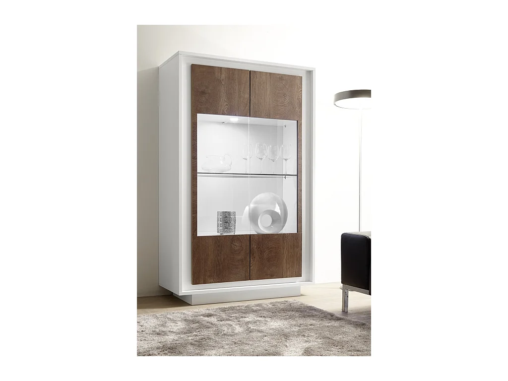 Vitrine à LED 2 portes bois laqué blanc et noyer Mafer L 106cm