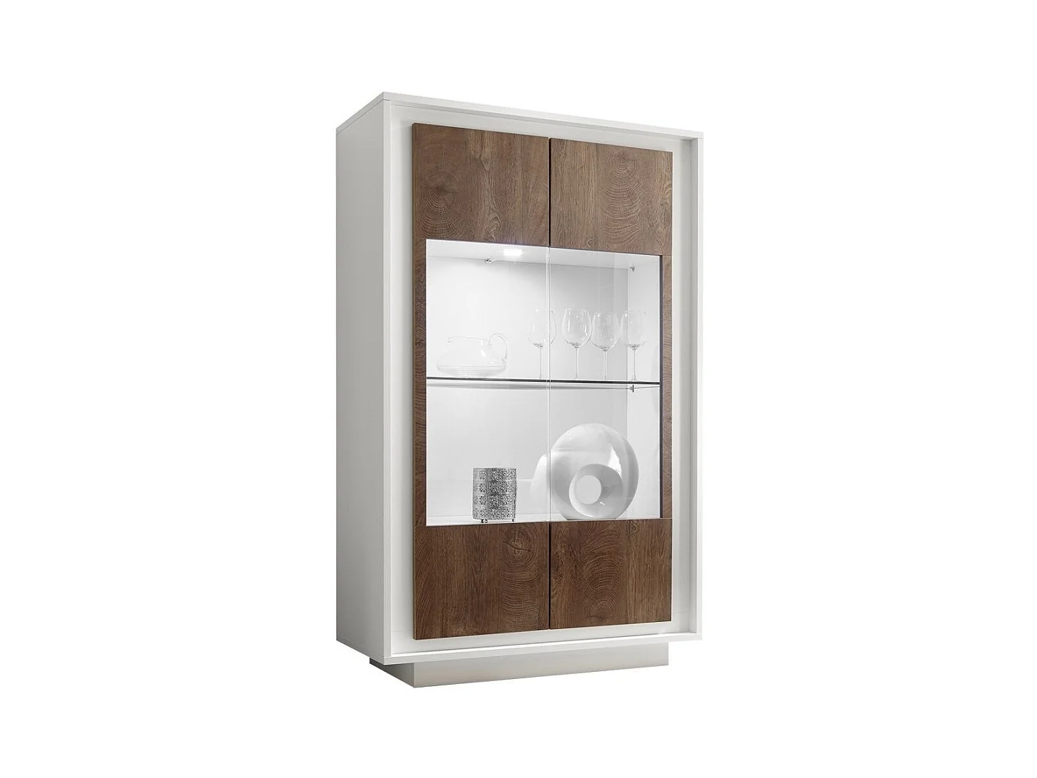 Vitrine à LED 2 portes bois laqué blanc et noyer Mafer L 106cm