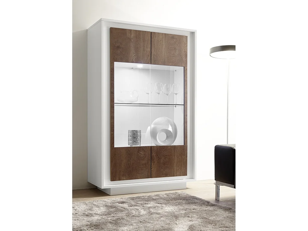 Vitrine à LED 2 portes bois laqué blanc et noyer Mafer L 106cm