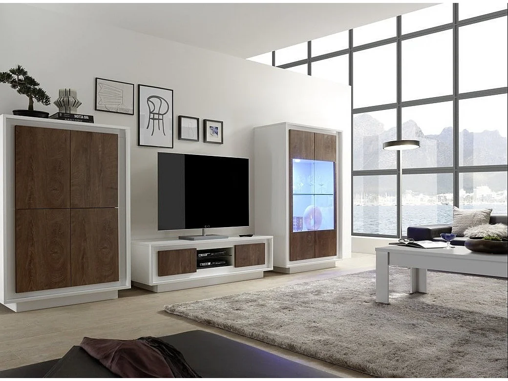 Vitrine à LED 2 portes bois laqué blanc et noyer Mafer L 106cm