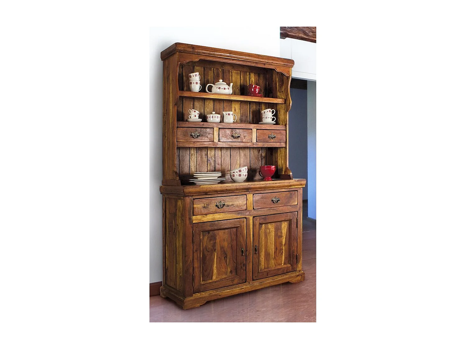 Vaisselier 5 tiroirs 2 portes en bois d'acacia massif finition rustique marron Kastela 107cm