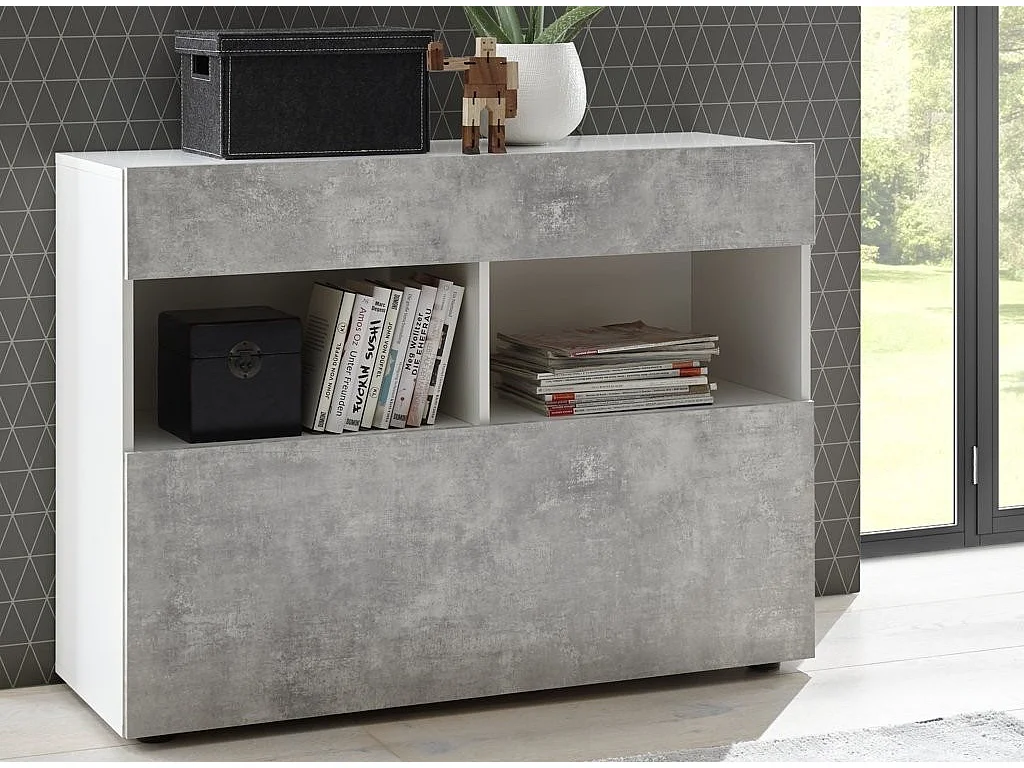 Raia Ladekast met 1 deur en 1 lade in wit gelakt hout en betoneffect