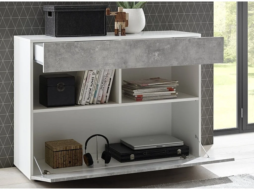 Raia Ladekast met 1 deur en 1 lade in wit gelakt hout en betoneffect