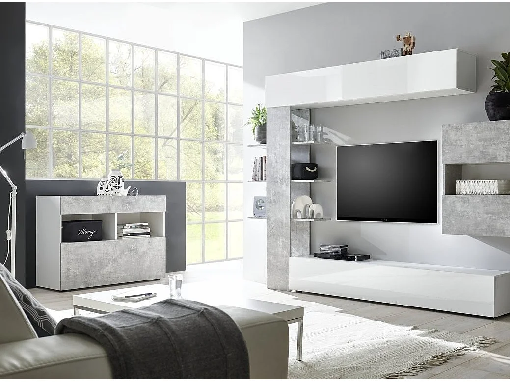 Raia Ladekast met 1 deur en 1 lade in wit gelakt hout en betoneffect