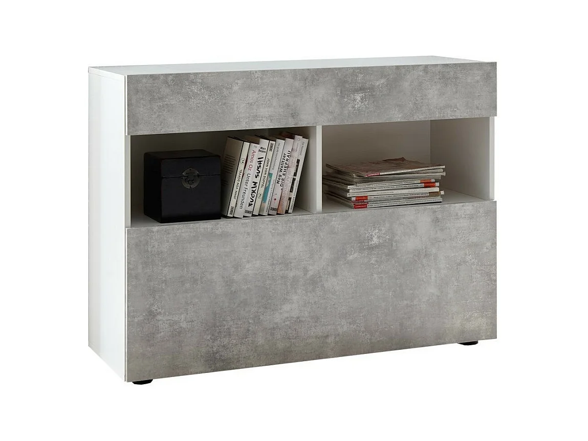 Commode 1 porte 1 tiroir bois laqué blanc et effet béton Raia