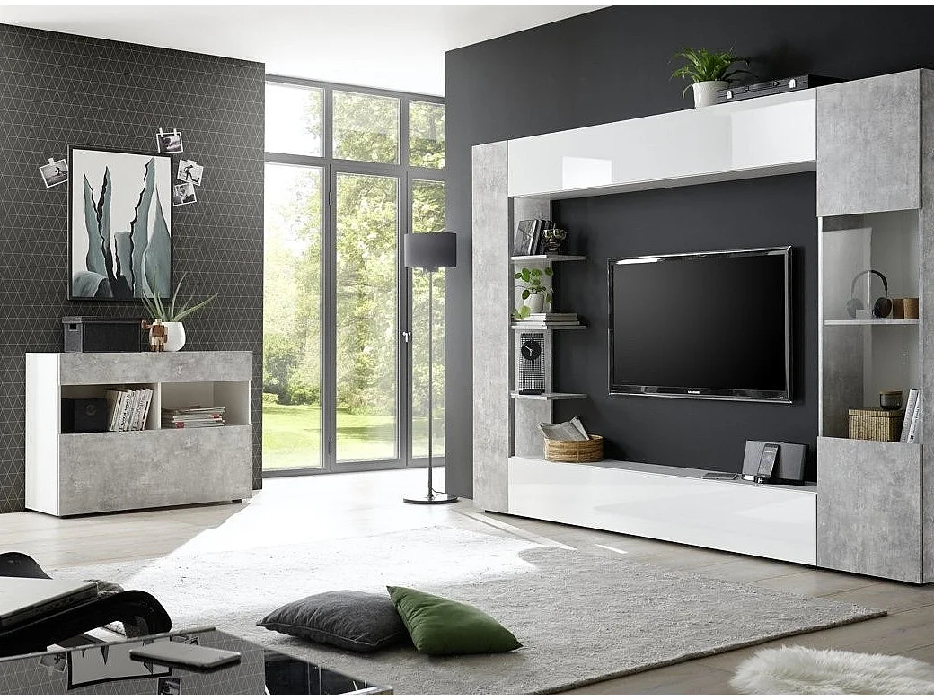 Commode 1 porte 1 tiroir bois laqué blanc et effet béton Raia