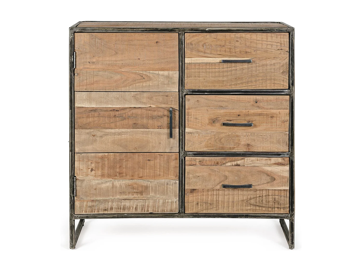 Commode 1 porte 3 tiroirs bois d'acacia clair et pieds acier vieilli Kadone 90cm