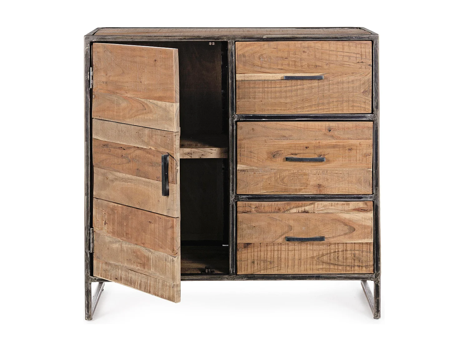 Commode 1 porte 3 tiroirs bois d'acacia clair et pieds acier vieilli Kadone 90cm