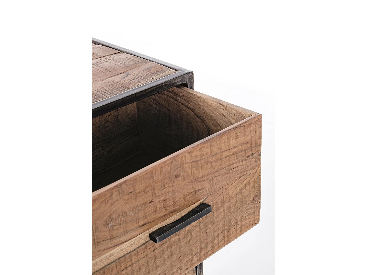 Commode 1 porte 3 tiroirs bois d'acacia clair et pieds acier vieilli Kadone 90cm