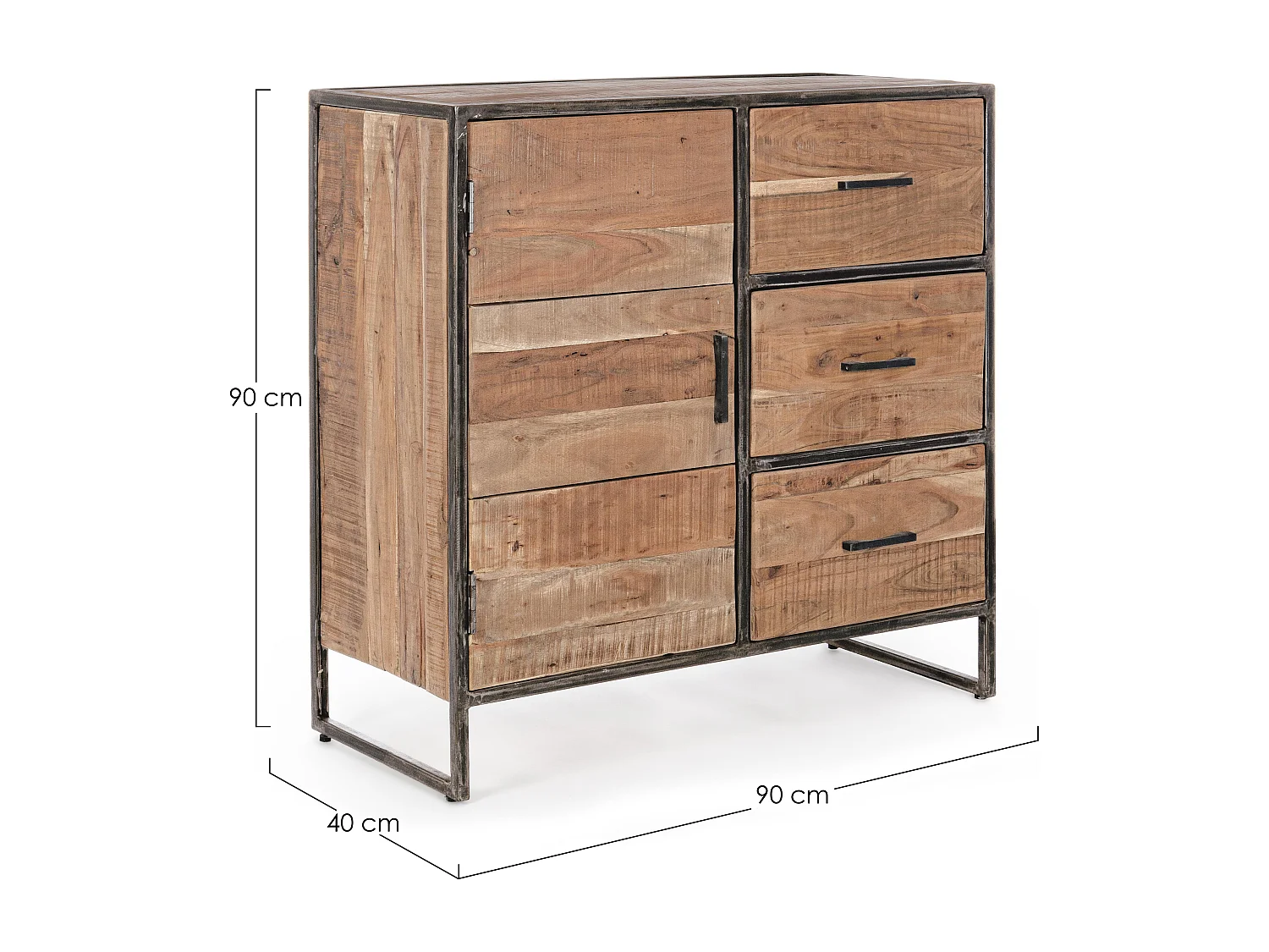 Commode 1 porte 3 tiroirs bois d'acacia clair et pieds acier vieilli Kadone 90cm