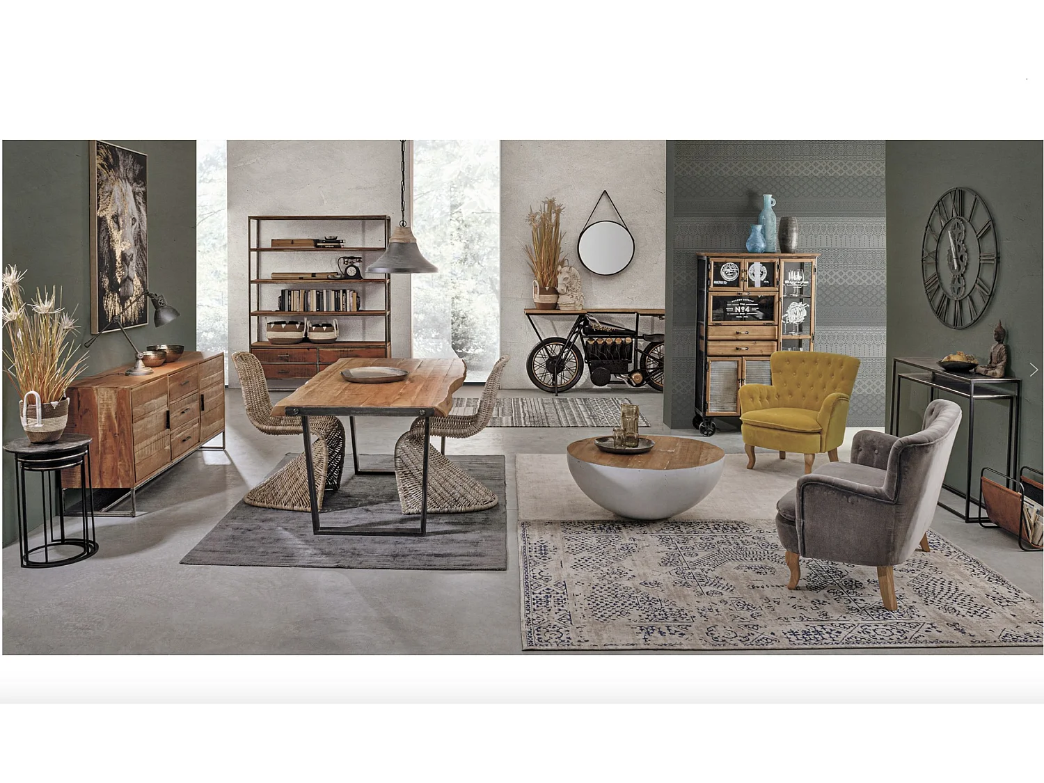 Commode 1 porte 3 tiroirs bois d'acacia clair et pieds acier vieilli Kadone 90cm