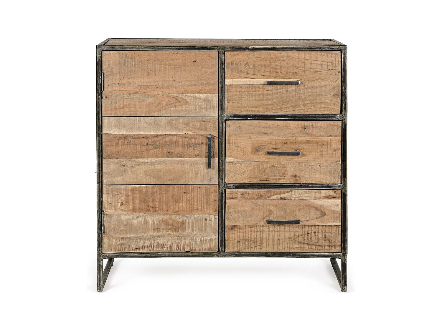 Commode 1 porte 3 tiroirs bois d'acacia clair et pieds acier vieilli Kadone 90cm