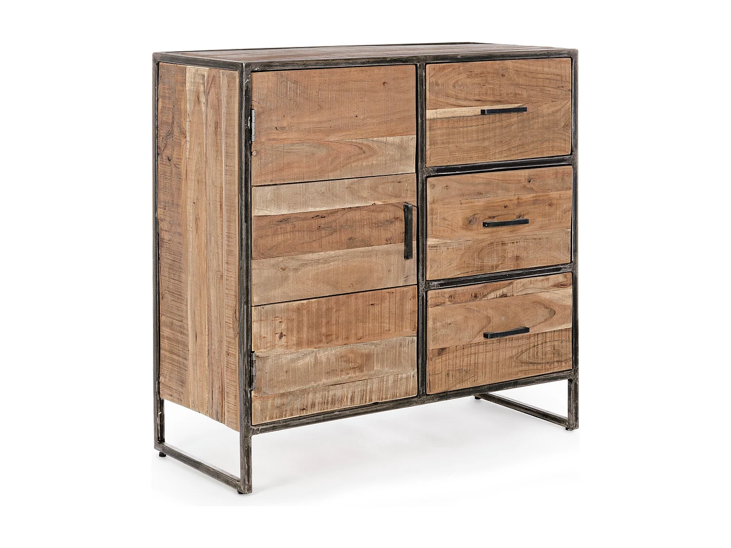 Commode 1 porte 3 tiroirs bois d'acacia clair et pieds acier vieilli Kadone 90cm