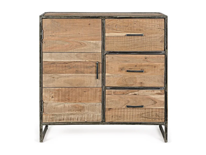 Commode 1 porte 3 tiroirs bois d'acacia clair et pieds acier vieilli Kadone 90cm