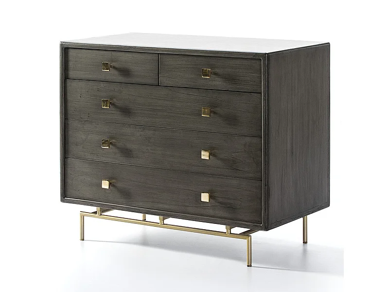 Arcón de 5 cajones de madera maciza gris con patas de metal dorado Bar