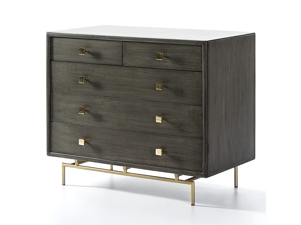 Arcón de 5 cajones de madera maciza gris con patas de metal dorado Bar